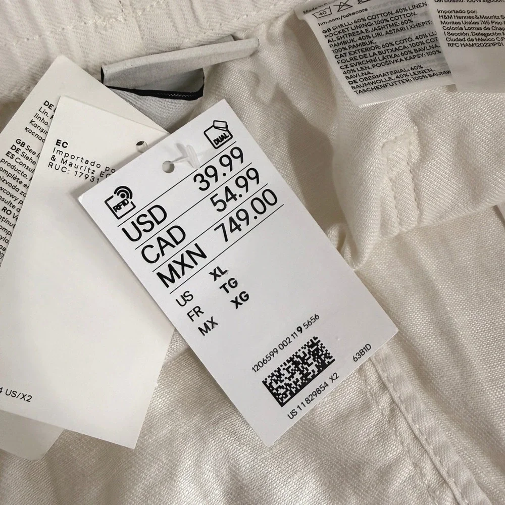 NEW H&M Linen Blend Trousers Mens XL Relaxed Pants Off-White Drawstring Coastal